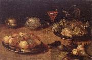 unknow artist Still life of Grapes and apples on pewter plates,figs,melons and a wine glass painting